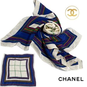 Chanel -ONLY ONE- Authentic Blue & Colorful Stripe Large 34" Silk Scarf, Vintage